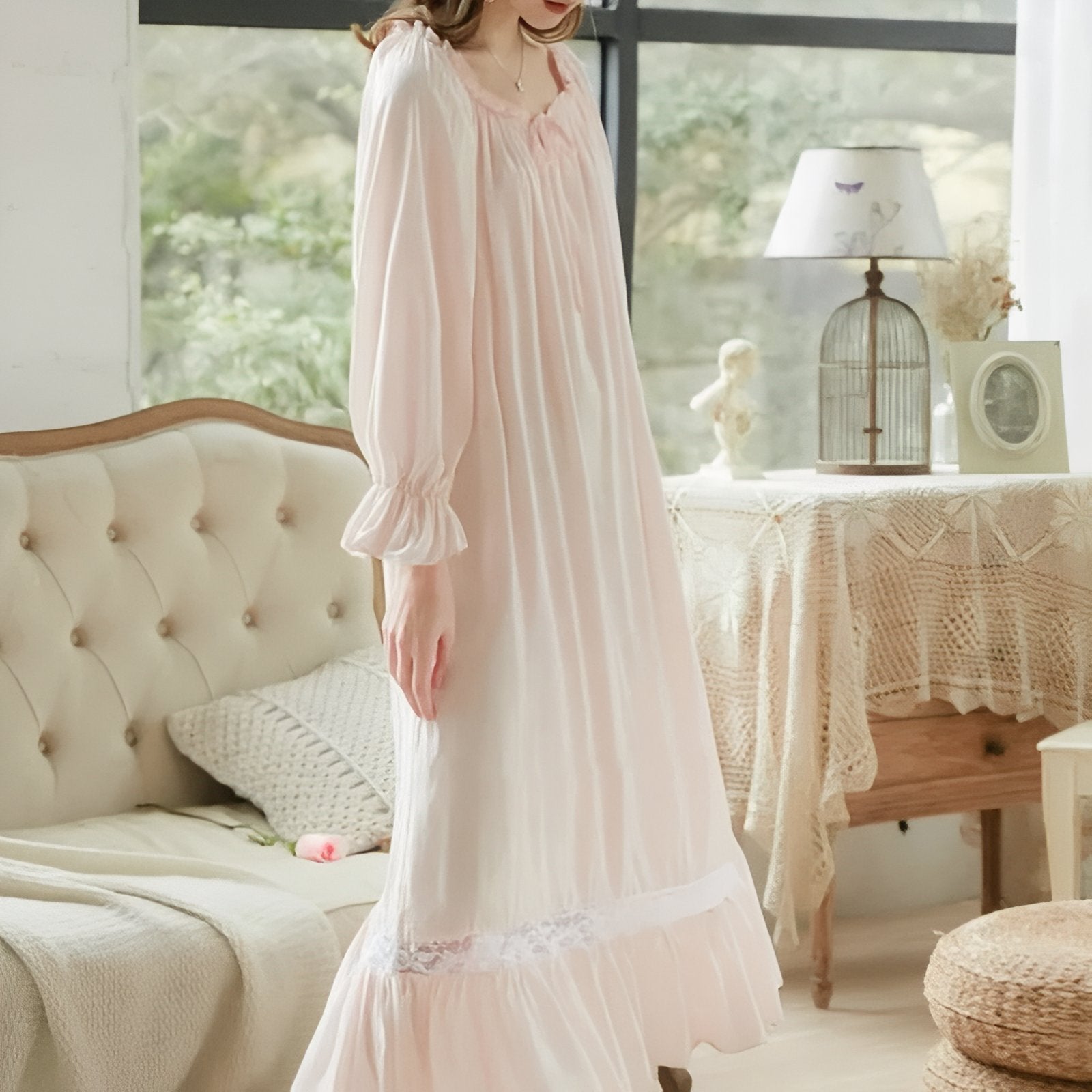 Chemise de Nuit Femme Coton Manches Longues Dentelle 