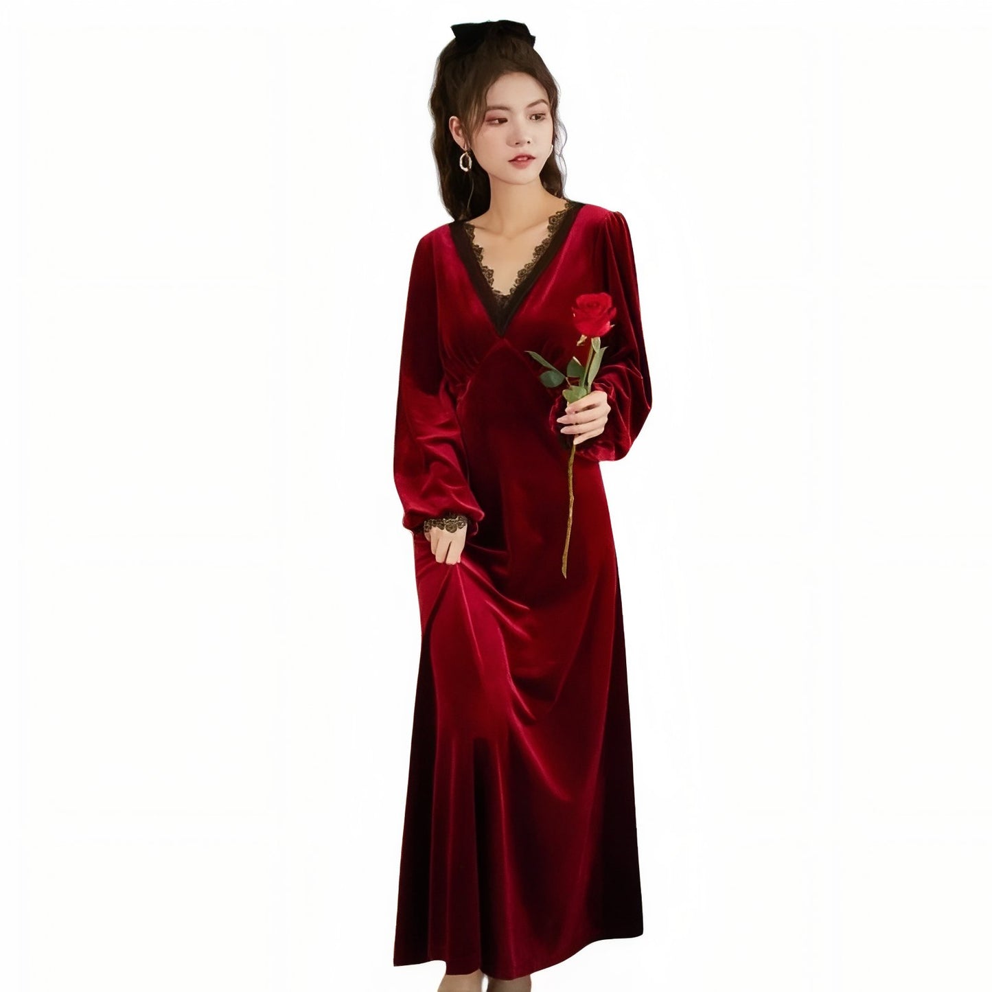 Chemise de Nuit Luxe en Velours Rouge Cerise M 