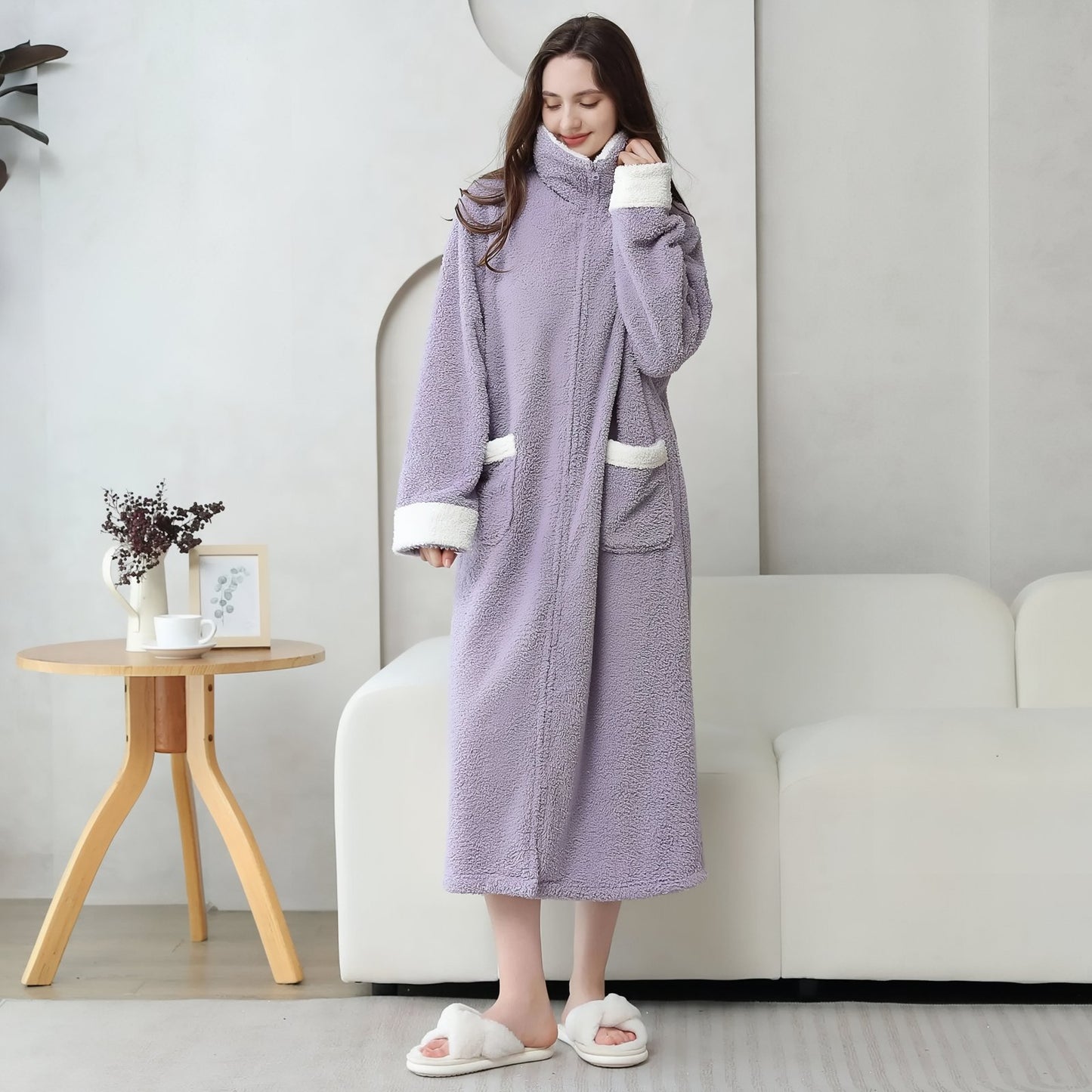 Longue Robe de Chambre Polaire Femme avec Fermeture Eclair Lavande M 