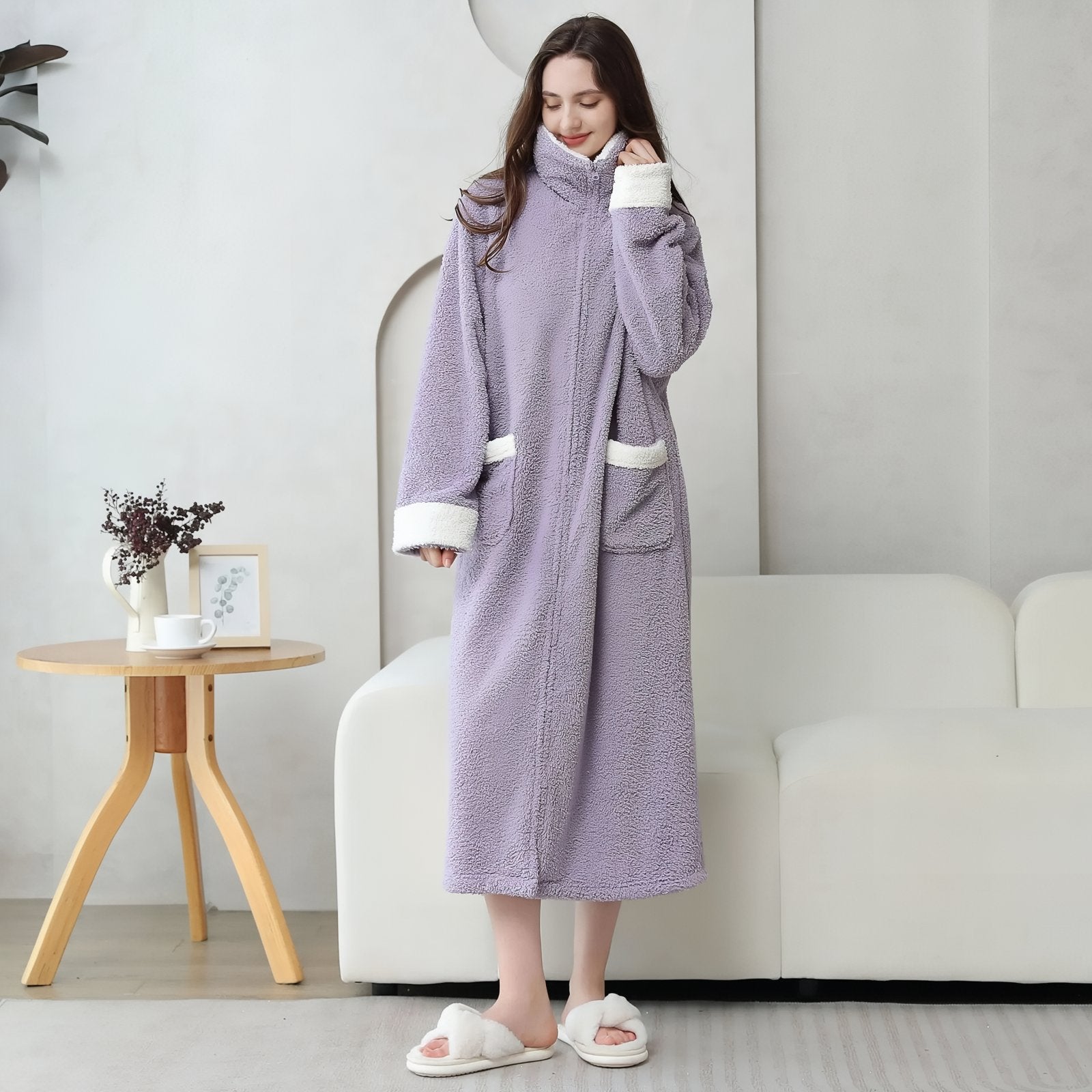 Longue Robe de Chambre Polaire Femme avec Fermeture Eclair Lavande M 