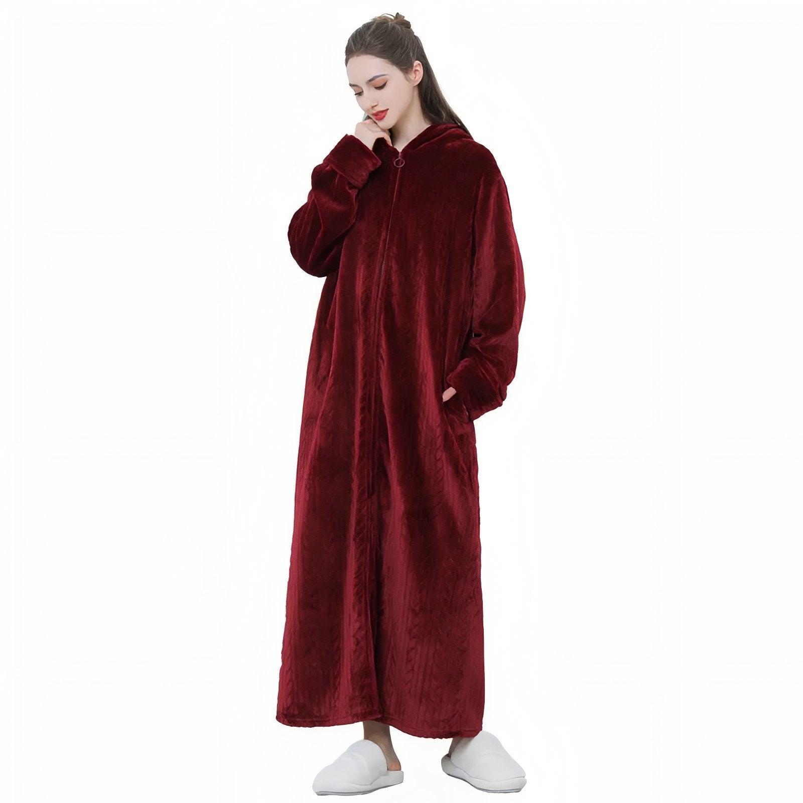 Peignoir de Bain Velours Zippé Adulte Bordeaux et Noir M 