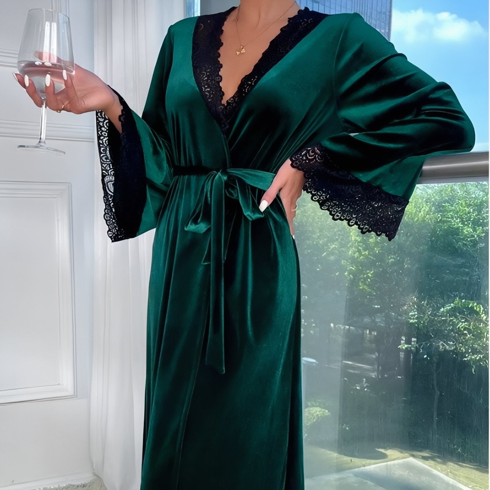 Robe Kimono Velours Vert Émeraude S 