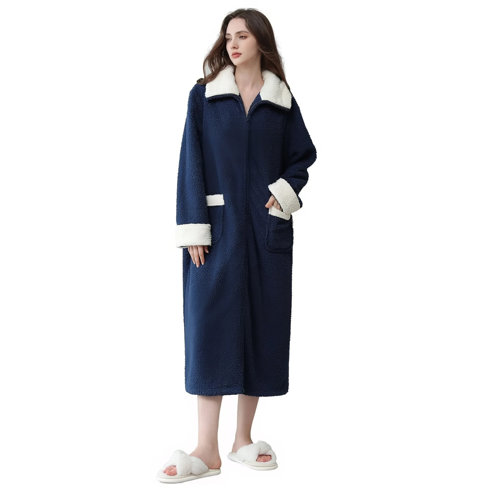 Longue Robe de Chambre Polaire Femme avec Fermeture Eclair Bleu Marine M 