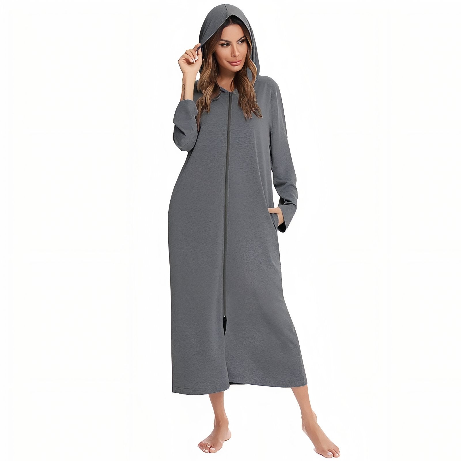 Peignoir avec Capuche et Fermeture Eclair Femme Gris Foncé S 