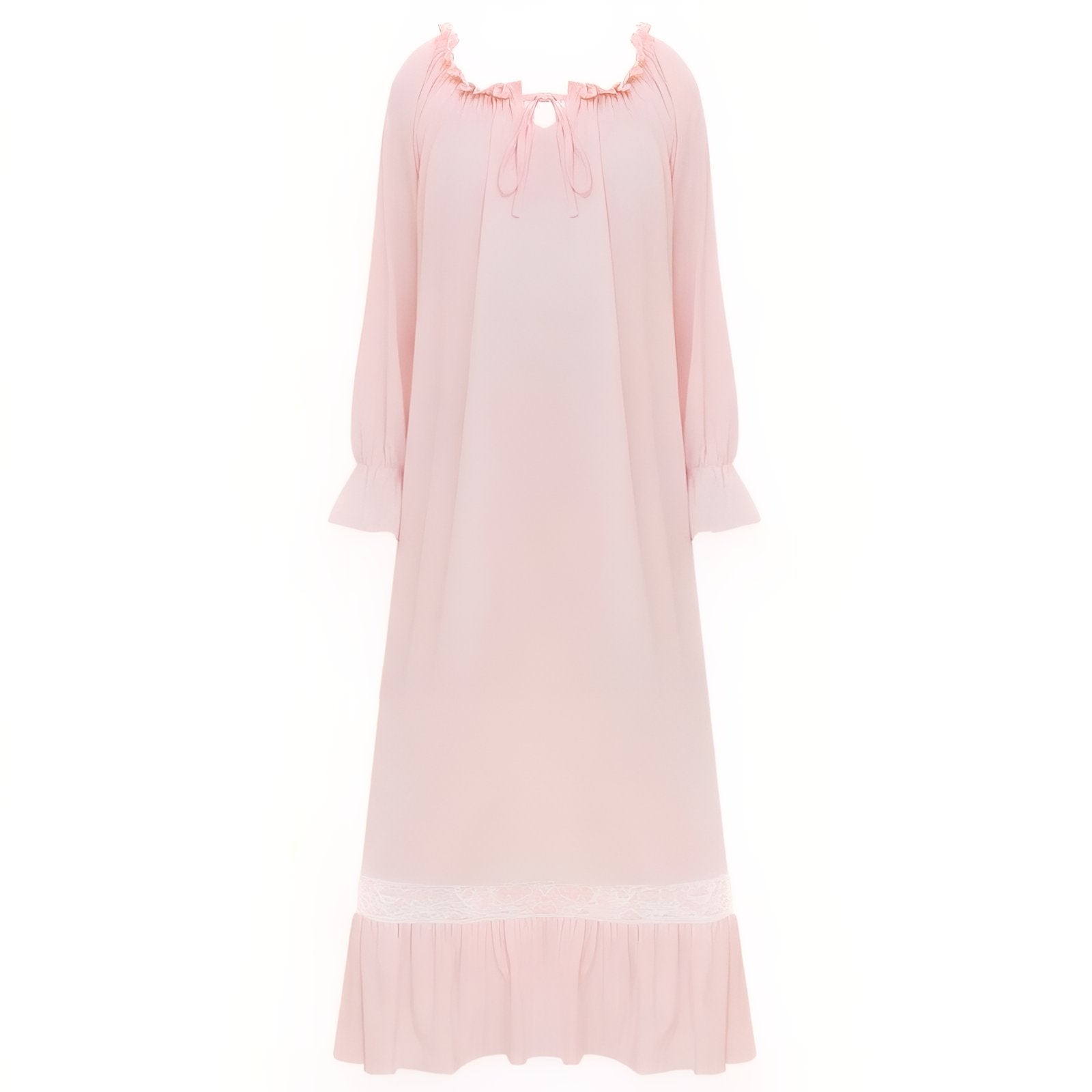 Chemise de Nuit Femme Coton Manches Longues Dentelle Rose Pâle S 