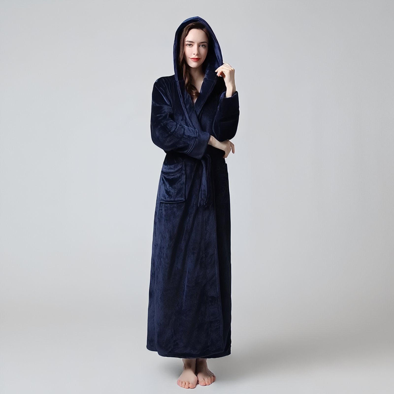 Peignoir de Bain Long avec Capuche Bleu Marine (Femme) M 